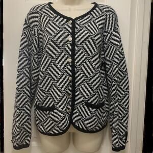 Vintage Tally Ho Womens Cardigan Sweater Black White Cross Cross Silver Buttons